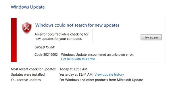 Windows update error 80246002